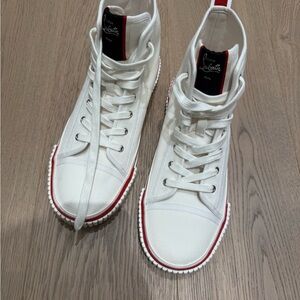 Christian Louboutin White High-Top Sneakers with Red Accents Pedro